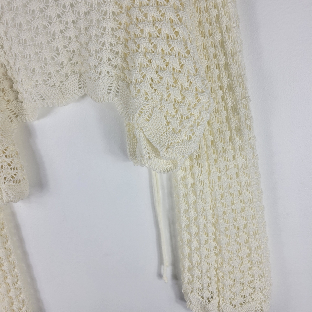 New Crochet Open Knit Tie Front Long Flare Sleeve Cropped Cardigan Unbranded - Picture 6 of 10